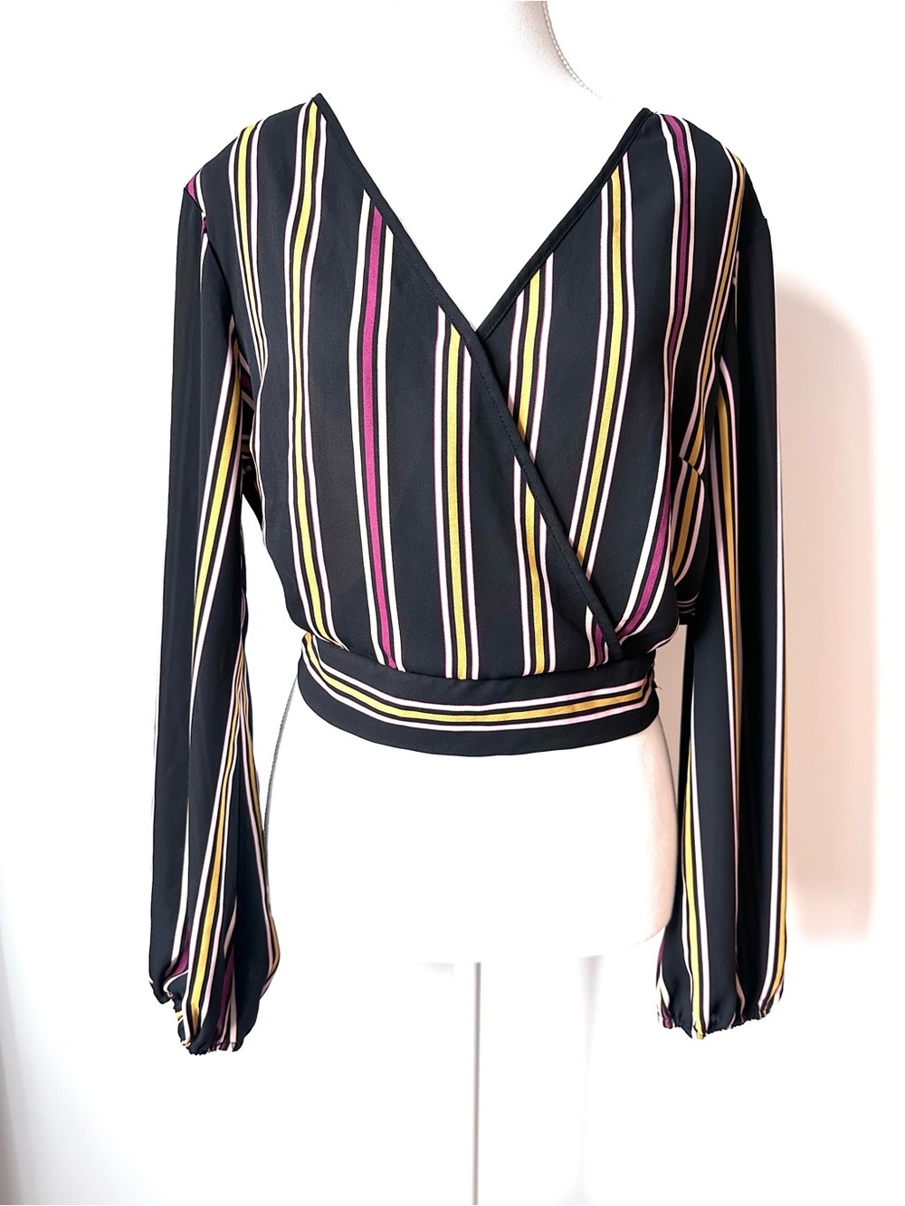 Band of Gypsies Wrap Blouse Deep V Vertical Stripes Black Plum Yellow - Large
